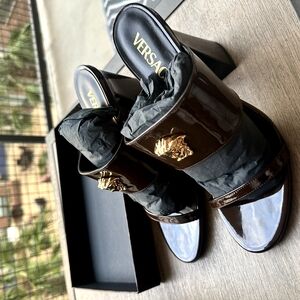 Versace Women's Brown Patent Leather Medusa Slide Heels